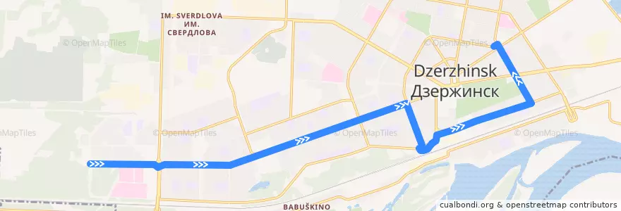 Mapa del recorrido Троллейбус №3: мкр. Западный-1 - пр. Циолковского - ул. Грибоедова - пл. Маяковского de la línea  en Dzerzhinsk.