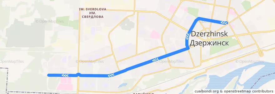 Mapa del recorrido Троллейбус №3: пл. Маяковского – ул. Грибоедова – пр. Циолковского - мкр.Западный-1 de la línea  en Dzerzhinsk.