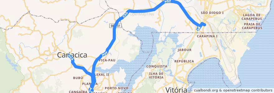 Mapa del recorrido 596 Cariacica / T.Carapina via Rod Jose Sette de la línea  en Microrregião Vitória.