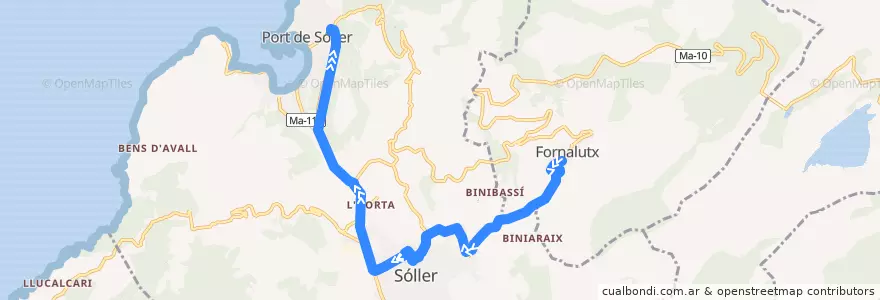Mapa del recorrido Bus 212: Fornalutx → Port de Sóller de la línea  en Sóller.