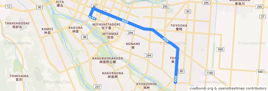 Mapa del recorrido [9]東光16条5丁目線 de la línea  en 旭川市.