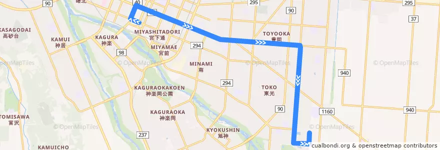 Mapa del recorrido [52]豊岡・東光7丁目線 de la línea  en 旭川市.