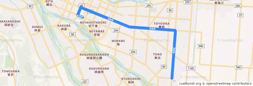 Mapa del recorrido [51]豊岡・東光7丁目線 de la línea  en 旭川市.