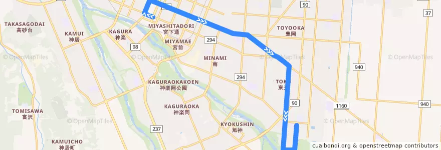 Mapa del recorrido [19]東光16条5丁目線 de la línea  en 旭川市.