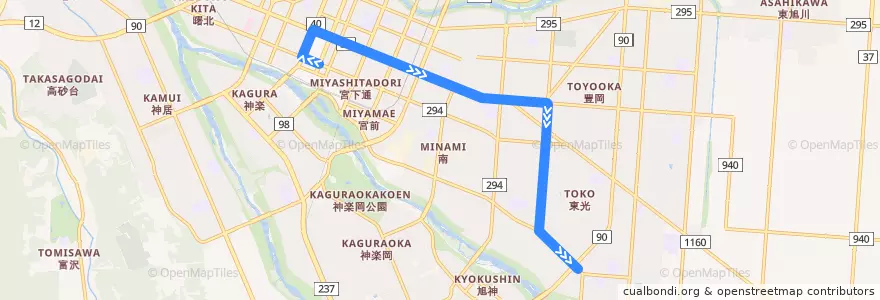Mapa del recorrido [10]東光3丁目線 de la línea  en 旭川市.