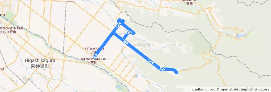 Mapa del recorrido 東雲・上岐登牛線 de la línea  en 東川町.