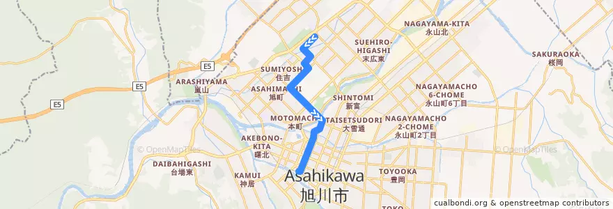 Mapa del recorrido [22]春光6条線 de la línea  en 旭川市.
