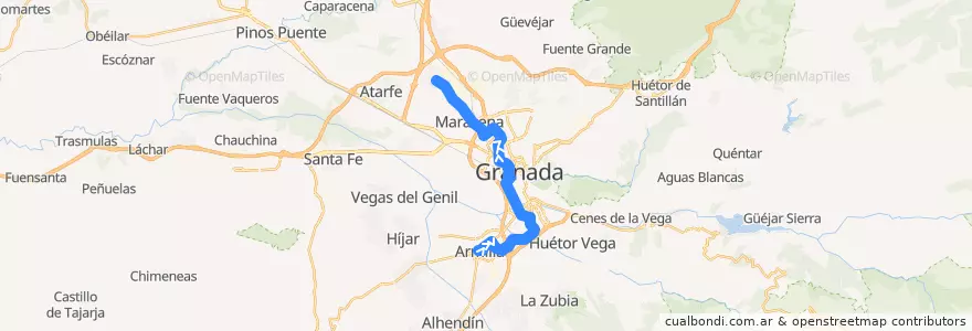 Mapa del recorrido Línea 1 - Metro de Granada (Armilla→Albolote) de la línea  en Comarca de la Vega de Granada.