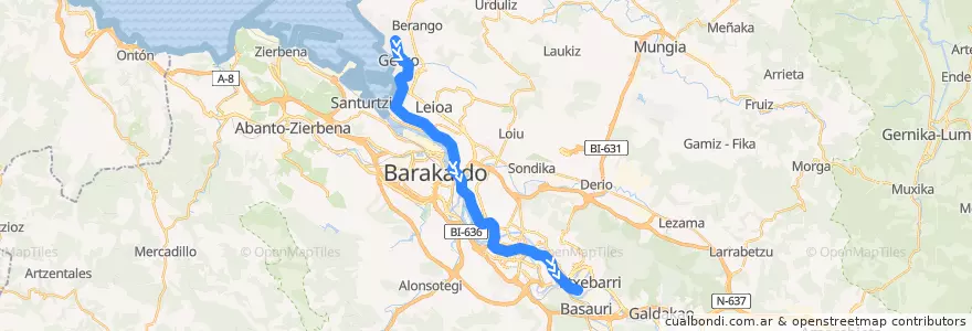 Mapa del recorrido L1 Bidezabal → Etxebarri de la línea  en Greater Bilbao.