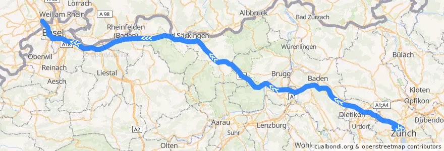 Mapa del recorrido Flixbus N831: Zürich HB, Carpark Sihlquai => Amsterdam Sloterdijk de la línea  en İsviçre.