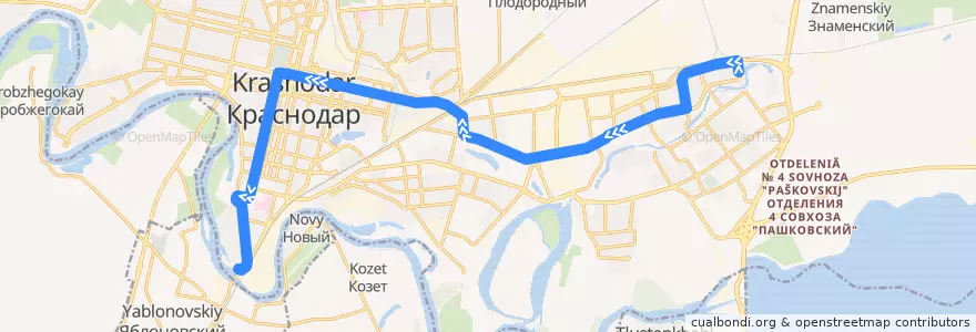 Mapa del recorrido Автобус №26: Комсомольский микрорайон => Автовокзал "Южный" de la línea  en городской округ Краснодар.