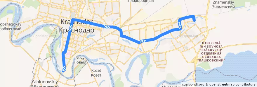 Mapa del recorrido Автобус №26: Автовокзал "Южный" - Комсомольский микрорайон de la línea  en городской округ Краснодар.