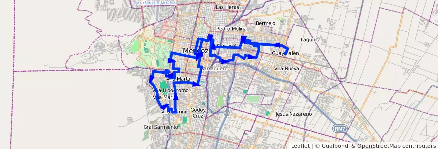 Mapa del recorrido 72 - San Ignacio por Colón de la línea G05 en Mendoza.