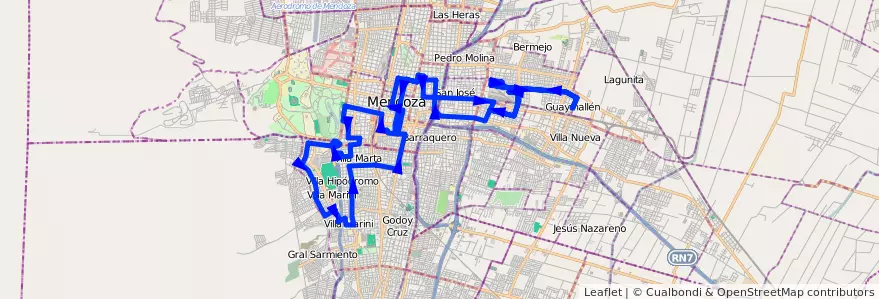 Mapa del recorrido 72 - San Ignacio - Terminal por Colón - Casa de Gob. de la línea G05 en Мендоса.