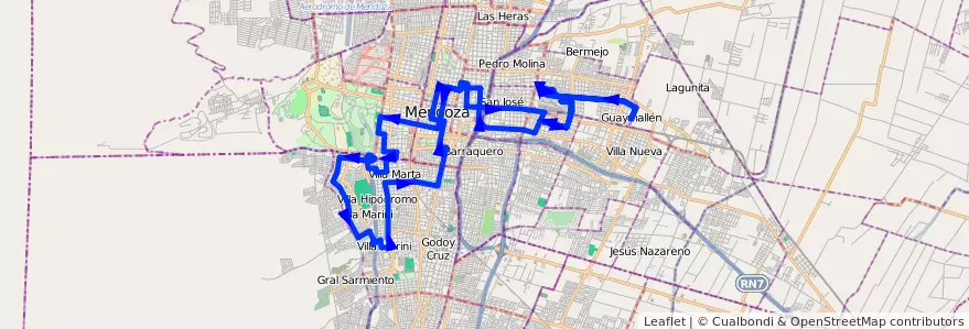 Mapa del recorrido 72 - San Ignacio - Terminal por Colón de la línea G05 en Mendoza.