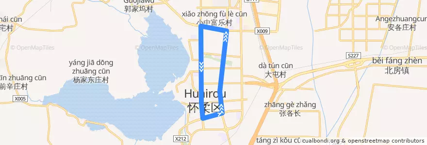 Mapa del recorrido H61 外环 后横街->怀柔商业街东口 de la línea  en 怀柔区 / Huairou.