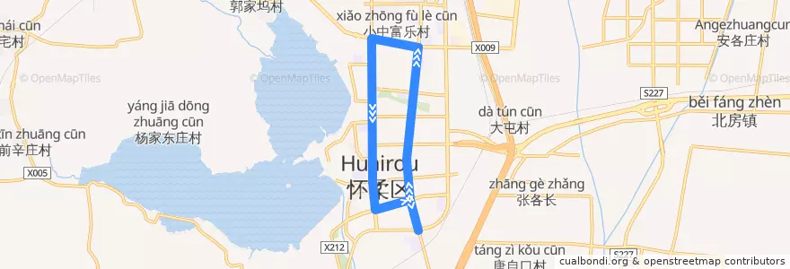 Mapa del recorrido H61 内环 怀柔商业街东口->后横街 de la línea  en 怀柔区 / Huairou.