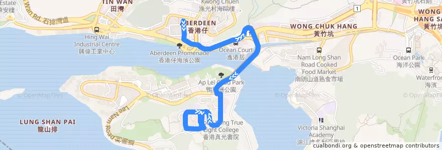 Mapa del recorrido 城巴98線 Citybus 98 (香港仔 Aberdeen → 利東 Lei Tung) de la línea  en 南區 Southern District.