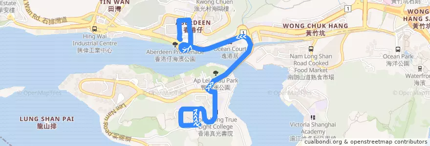 Mapa del recorrido 城巴98線 Citybus 98 (利東 Lei Tung → 香港仔 Aberdeen) de la línea  en 南區.