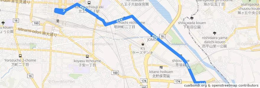 Mapa del recorrido 八王子車庫線 de la línea  en 八王子市.