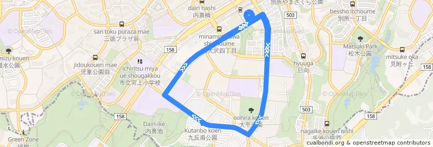 Mapa del recorrido 南大沢団地循環 de la línea  en 八王子市.