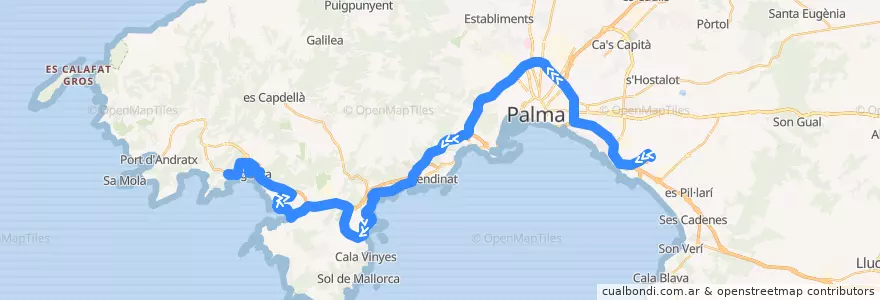 Mapa del recorrido Bus A11: Aeroport → Peguera de la línea  en Balear Adaları.