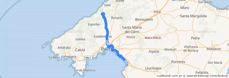 Mapa del recorrido Bus 210: Valldemossa → Platja de Palma de la línea  en 발레아레스 제도.