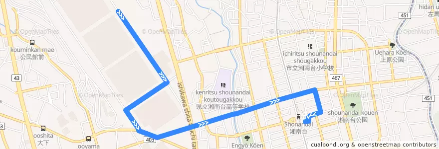 Mapa del recorrido 湘14 湘南台駅東口 de la línea  en 藤沢市.
