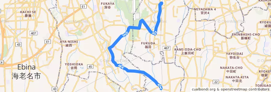 Mapa del recorrido 長33 長後駅西口→大法寺寺・福田→桜ヶ丘駅西口 de la línea  en 가나가와현.