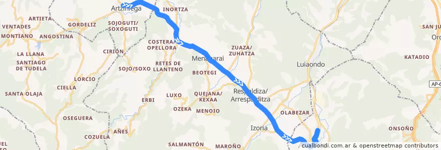 Mapa del recorrido A16 Artziniega → Amurrio de la línea  en Aiarako koadrilla/Cuadrilla de Ayala.