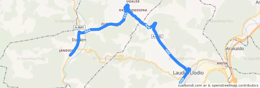 Mapa del recorrido A16 Laudio/Llodio → Okondo de la línea  en Aiarako koadrilla/Cuadrilla de Ayala.