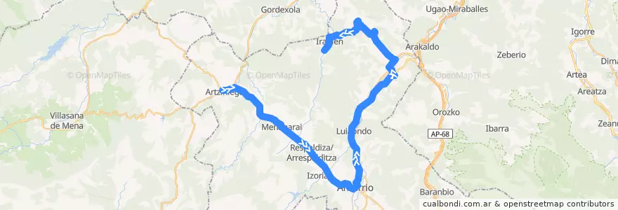 Mapa del recorrido A16 Artziniega → Amurrio → Laudio/Llodio → Okondo de la línea  en Aiarako koadrilla/Cuadrilla de Ayala.