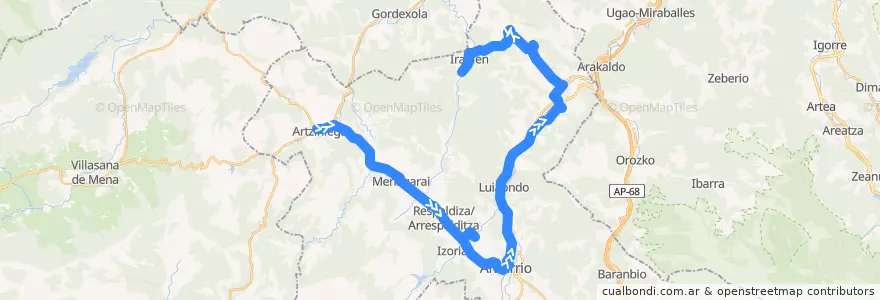 Mapa del recorrido A16 Artziniega → Murga → Amurrio → Laudio/Llodio → Okondo de la línea  en Aiarako koadrilla/Cuadrilla de Ayala.