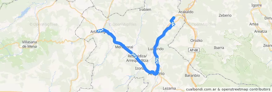 Mapa del recorrido A16 Artziniega → Amurrio → Laudio/Llodio de la línea  en Aiarako koadrilla/Cuadrilla de Ayala.