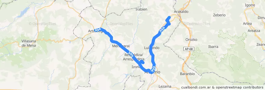 Mapa del recorrido A16 Artziniega → Murga → Amurrio → Laudio/Llodio de la línea  en Aiarako koadrilla/Cuadrilla de Ayala.