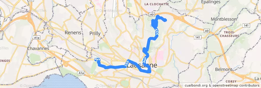 Mapa del recorrido 16: Provence nord - Grand Vennes de la línea  en Lausanne.