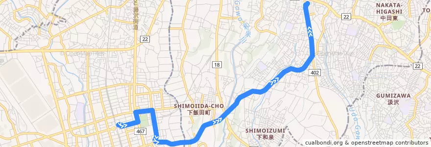 Mapa del recorrido 湘07 下飯田経由 立場ターミナル行 de la línea  en 神奈川県.
