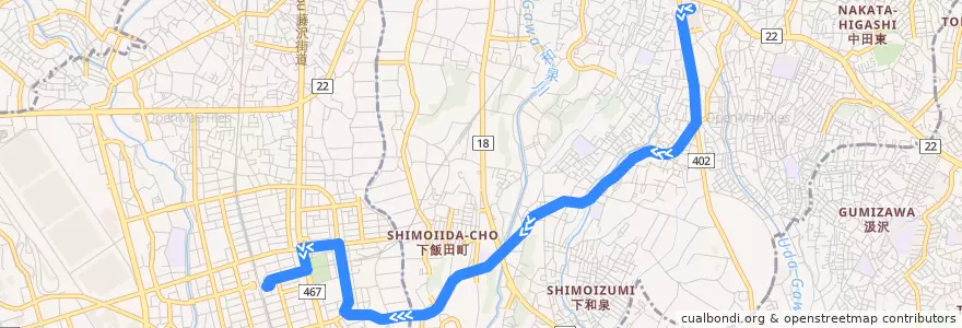 Mapa del recorrido 湘07 下飯田経由 湘南台駅東口行 de la línea  en Prefectura de Kanagawa.