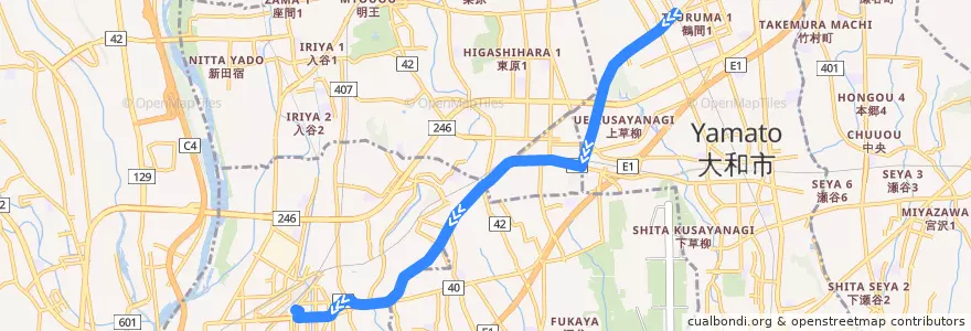 Mapa del recorrido 海08 大塚本町経由 海老名駅東口行 de la línea  en 神奈川県.