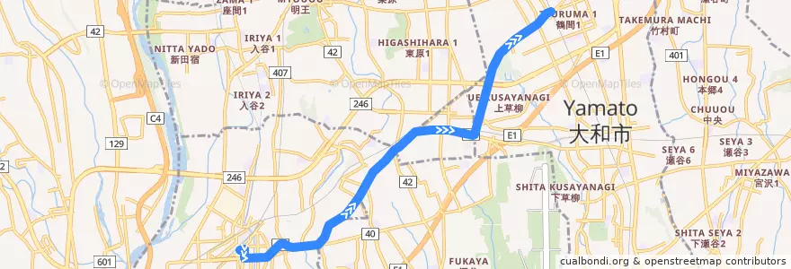 Mapa del recorrido 海08 大塚本町経由 鶴間駅行 de la línea  en 가나가와현.