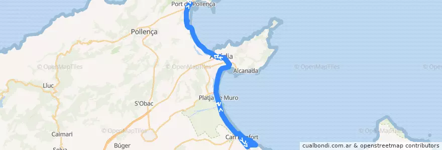 Mapa del recorrido Bus 352: Port de Pollença → Can Picafort de la línea  en Isole Baleari.