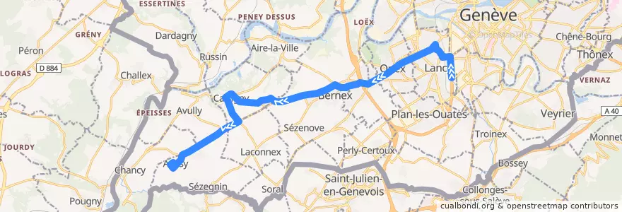Mapa del recorrido Bus J: Stade de Genève → Avusy de la línea  en Cenevre.