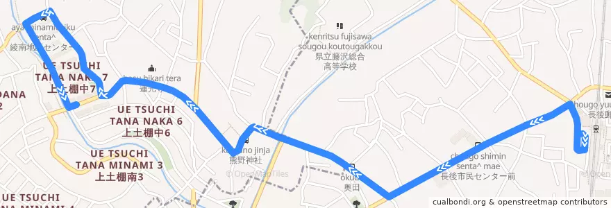 Mapa del recorrido 長44 長後駅西口→上土棚団地前→綾南会館 de la línea  en Prefectura de Kanagawa.
