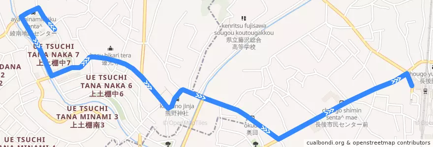 Mapa del recorrido 長45 上土棚団地前→綾南会館→長後駅西口 de la línea  en Prefectura de Kanagawa.