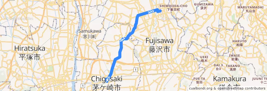 Mapa del recorrido 湘11 茅ヶ崎駅→甘沼・遠藤→湘南台駅西口 de la línea  en Präfektur Kanagawa.