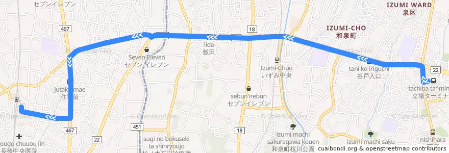 Mapa del recorrido 長54 立場ターミナル→飯田→長後駅 de la línea  en Kanagawa Prefecture.
