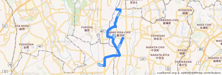 Mapa del recorrido 長55 長後駅→いちょう団地→上飯田車庫 de la línea  en 神奈川県.