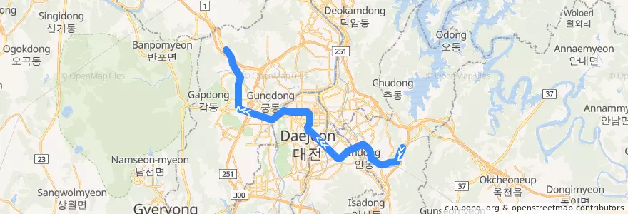 Mapa del recorrido 대전 도시철도 1호선 de la línea  en Daejeon.