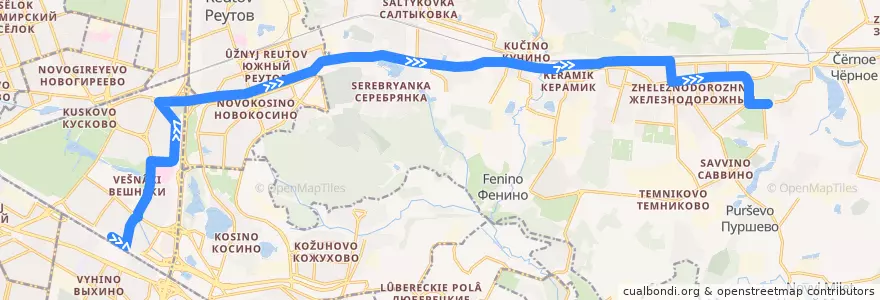 Mapa del recorrido Автобус 100: Выхино - Железка de la línea  en Distrito Federal Central.