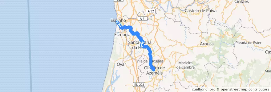 Mapa del recorrido Linha do Vouga: Espinho => Oliveira de Azeméis de la línea  en Área Metropolitana do Porto.